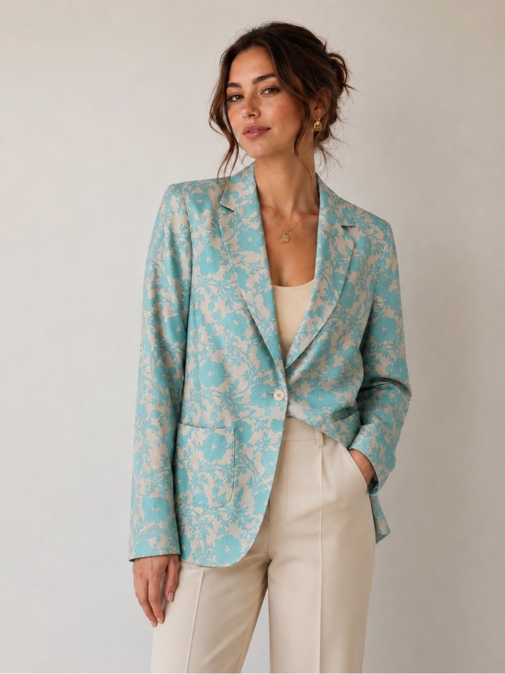 Vintage Casual Corner Silk Blend Aqua Cream Floral One Button Blazer Size 12